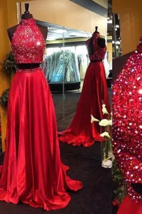 Burgundy Two Piece Beading Halter Open Back Carpet Long With Slit Prom Dresses