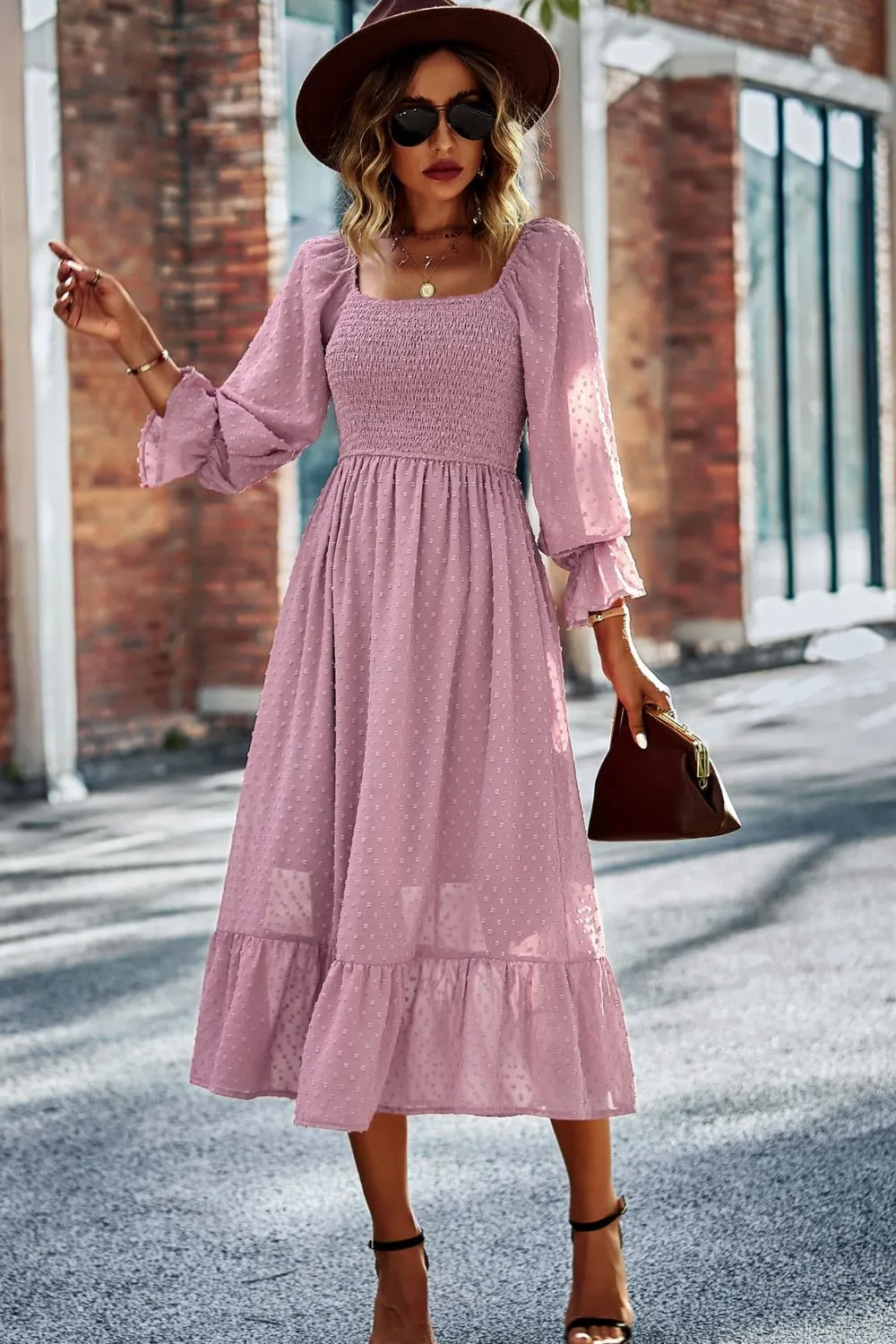 Charming Milkmaid Dress Outfit for Women - Swiss Dot Smocked Square Neck Dress Perfect for Any Occasion