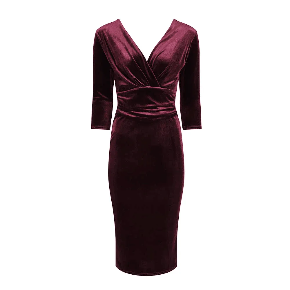 Claret Red Velour Deep V 3/4 Sleeve Bodycon Ruched Waist Wiggle Dress