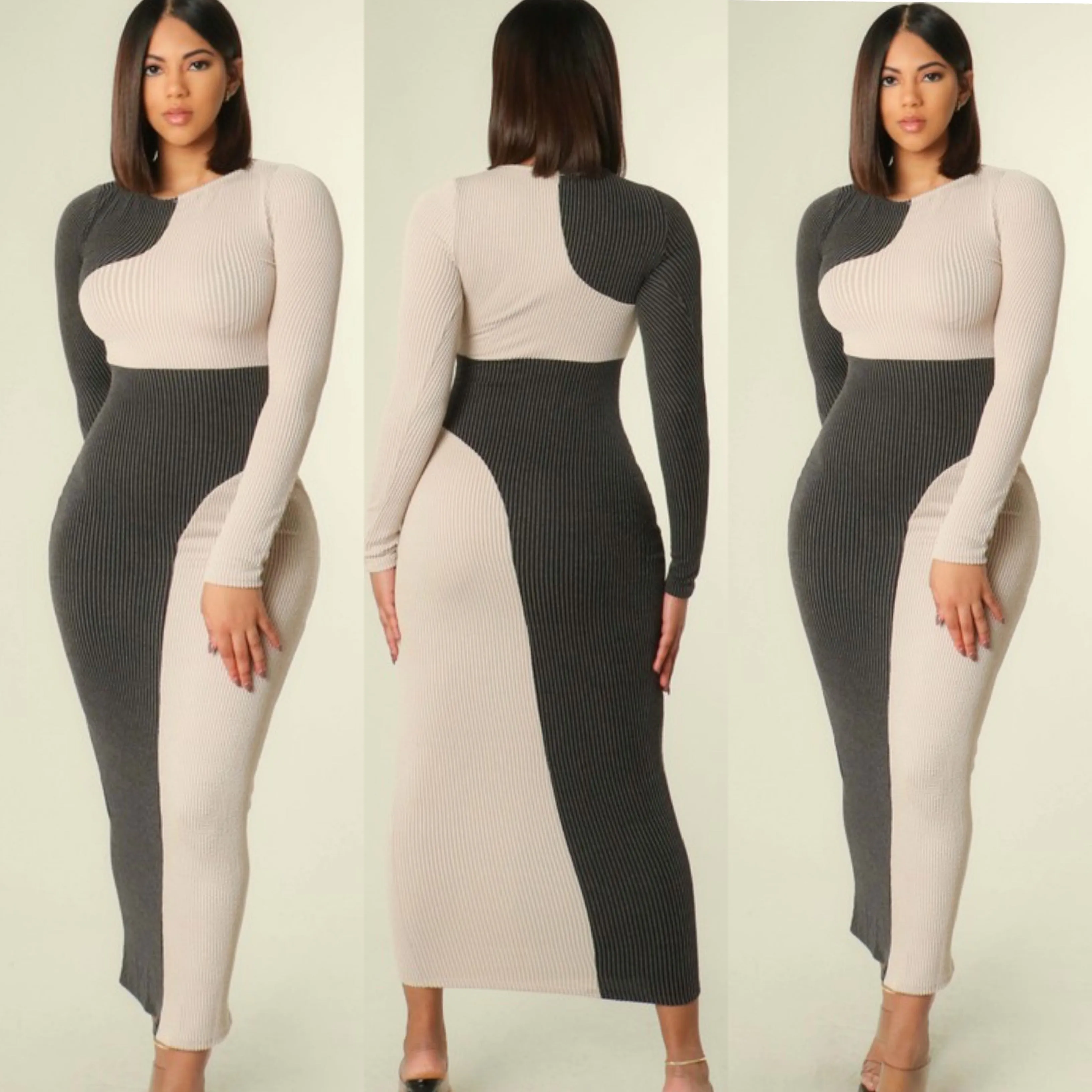 COLOR BLOCK RIBBED BODYCON LONG DRESS ( Grey mix)