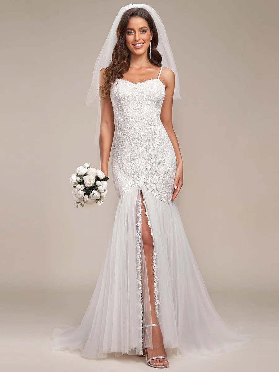 Custom Size Floral Spaghetti Strap Lace Backless Long Mermaid Wedding Dress