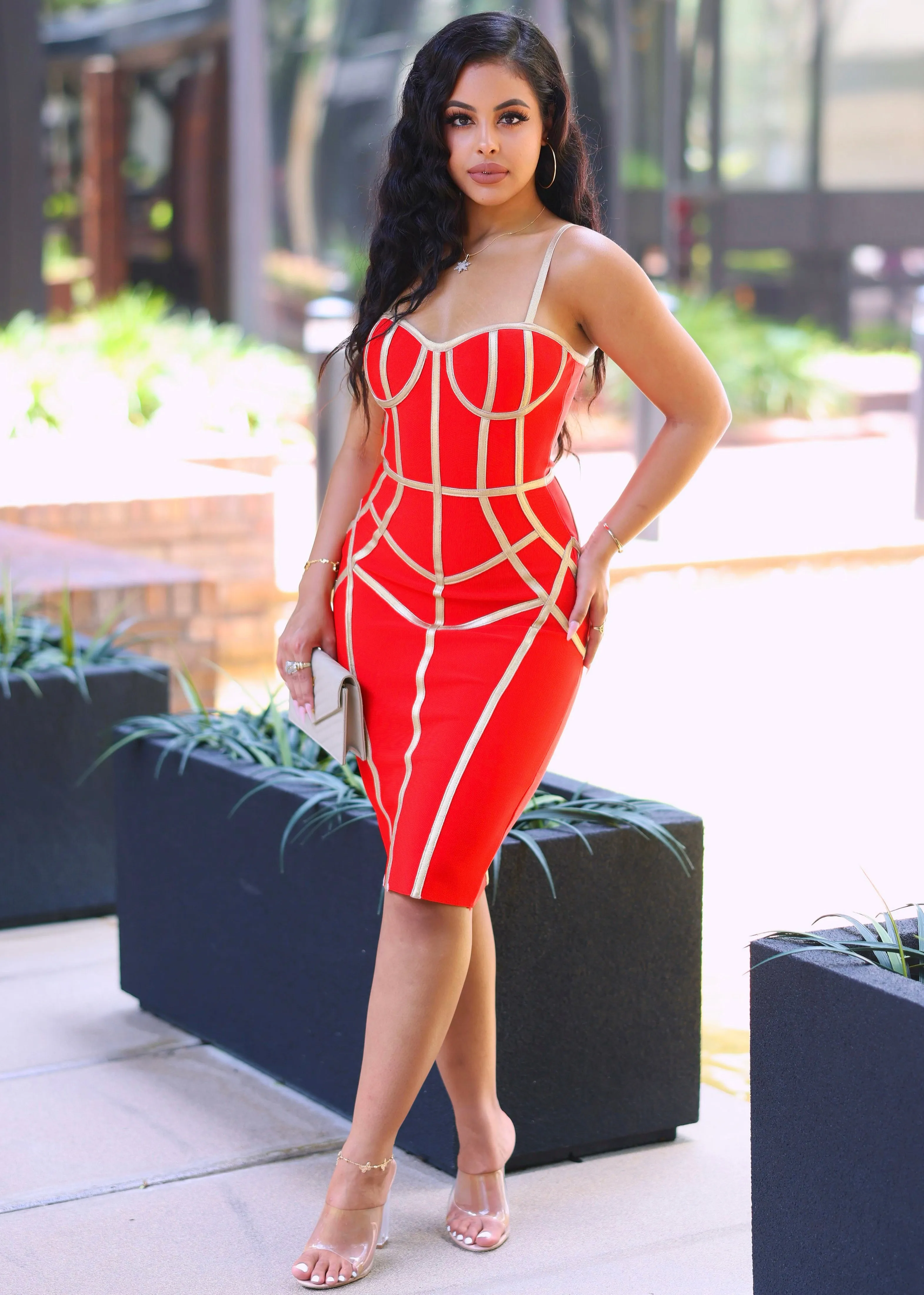 Daisy Gold Detailing Bandage Red Mini Dress