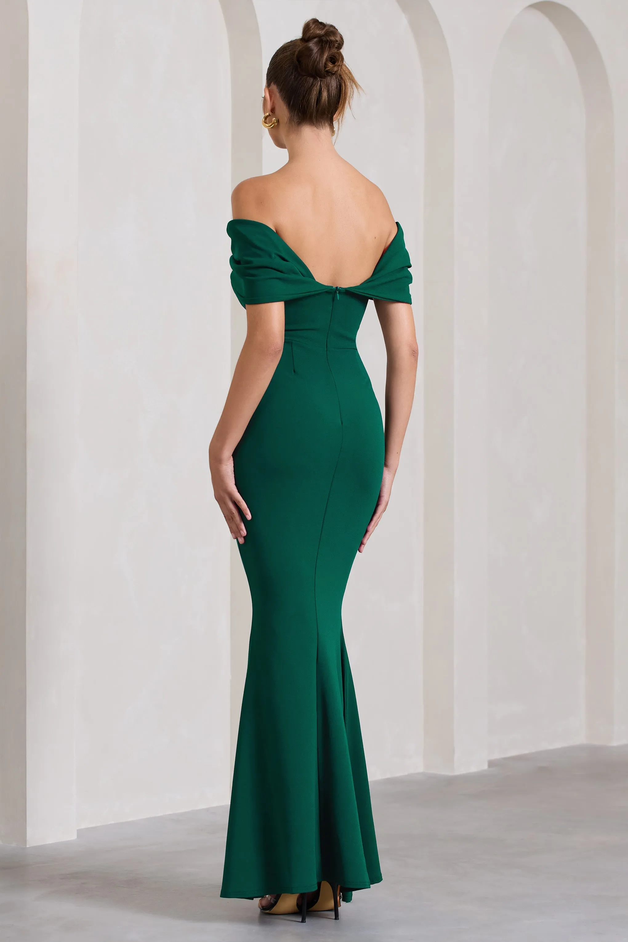 Dana | Bottle Green Bardot Maxi Dress With Short Gathered Sleeves