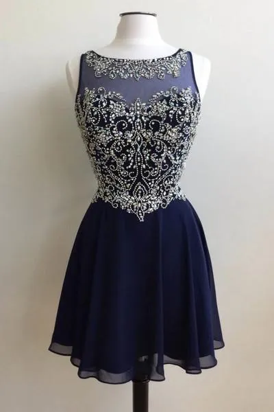 Dark blue chiffon beading round neck short handmade prom dress