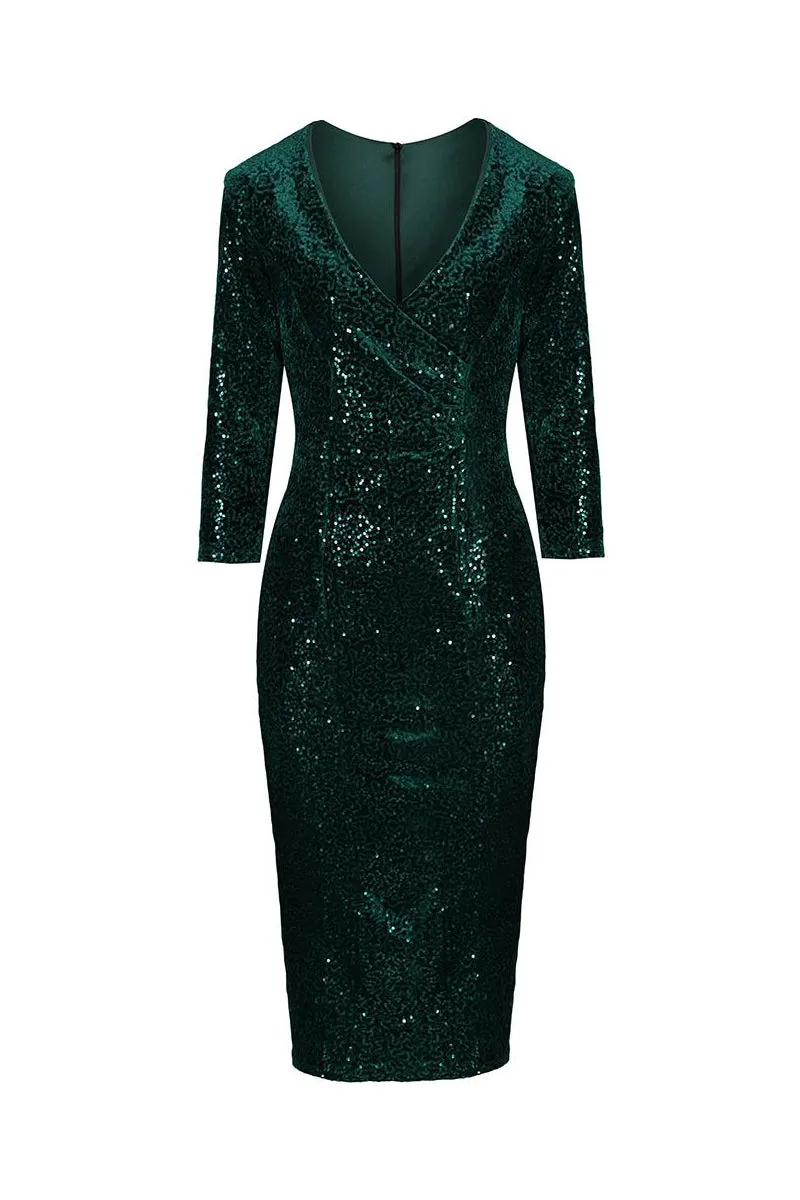 Dark Green Velvet Sequin V-Neck 3/4 Sleeve Pencil Wiggle Dress