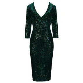 Dark Green Velvet Sequin V-Neck 3/4 Sleeve Pencil Wiggle Dress