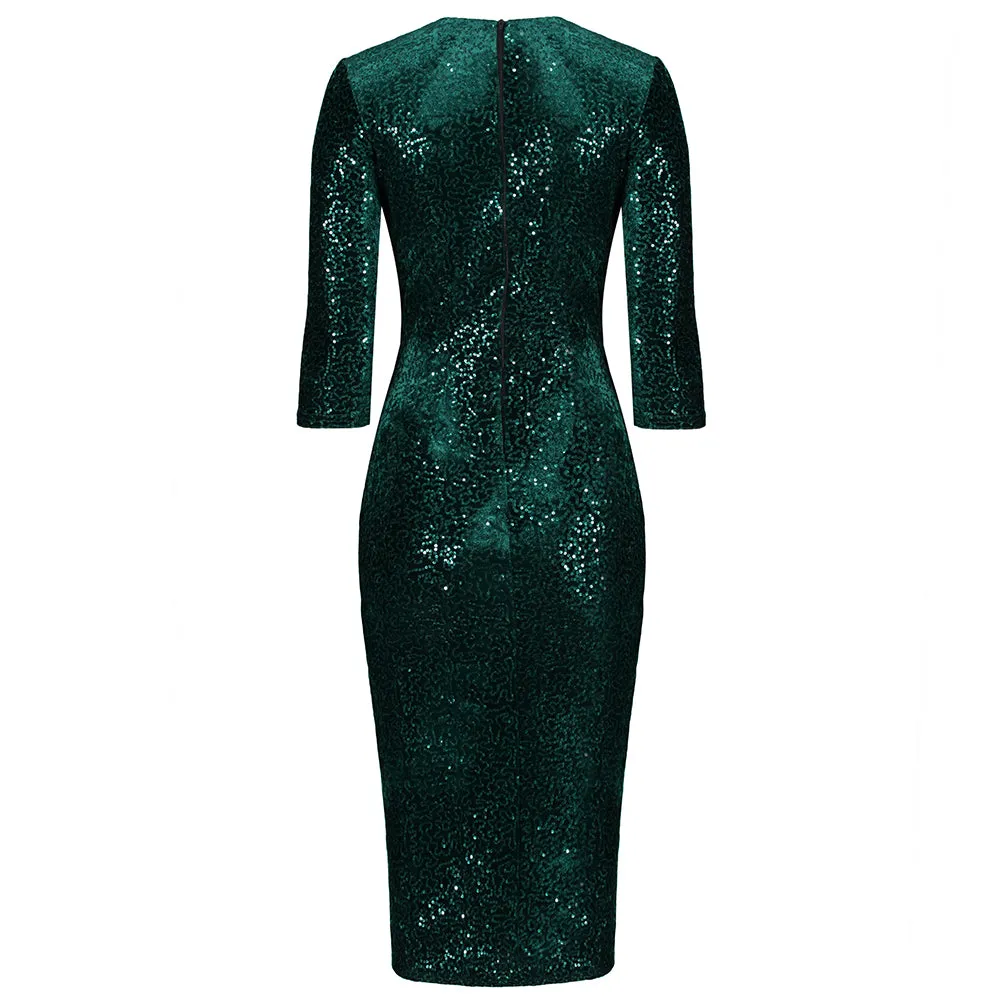 Dark Green Velvet Sequin V-Neck 3/4 Sleeve Pencil Wiggle Dress