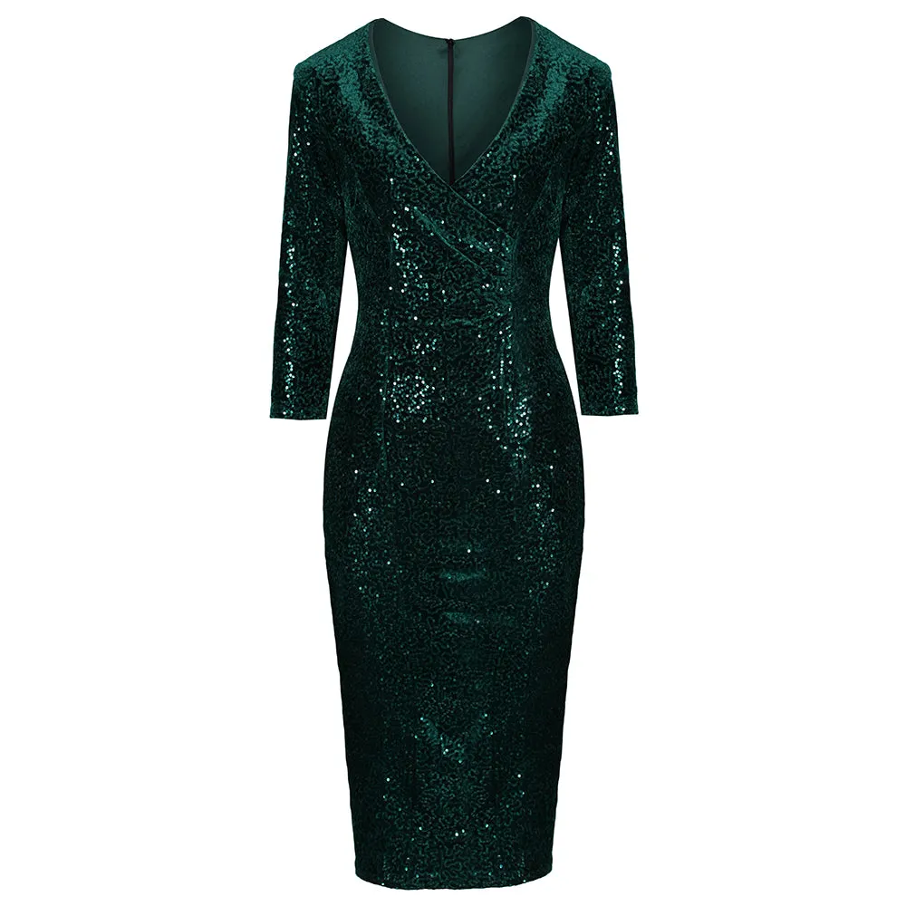 Dark Green Velvet Sequin V-Neck 3/4 Sleeve Pencil Wiggle Dress