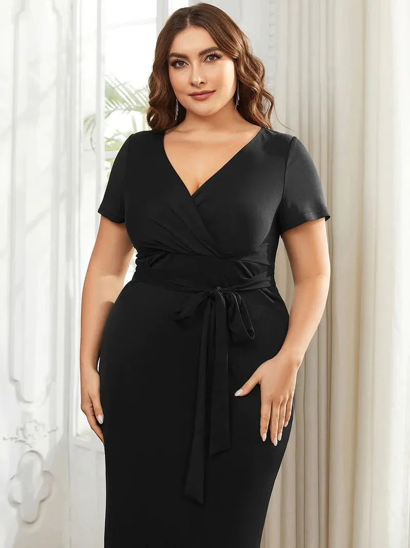 Deep V Neck Short Sleeve Cocktail Dresses With Belt