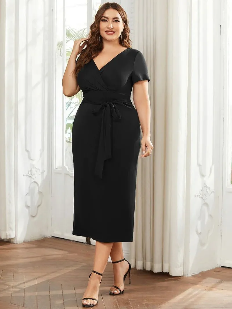 Deep V Neck Short Sleeve Cocktail Dresses With Belt