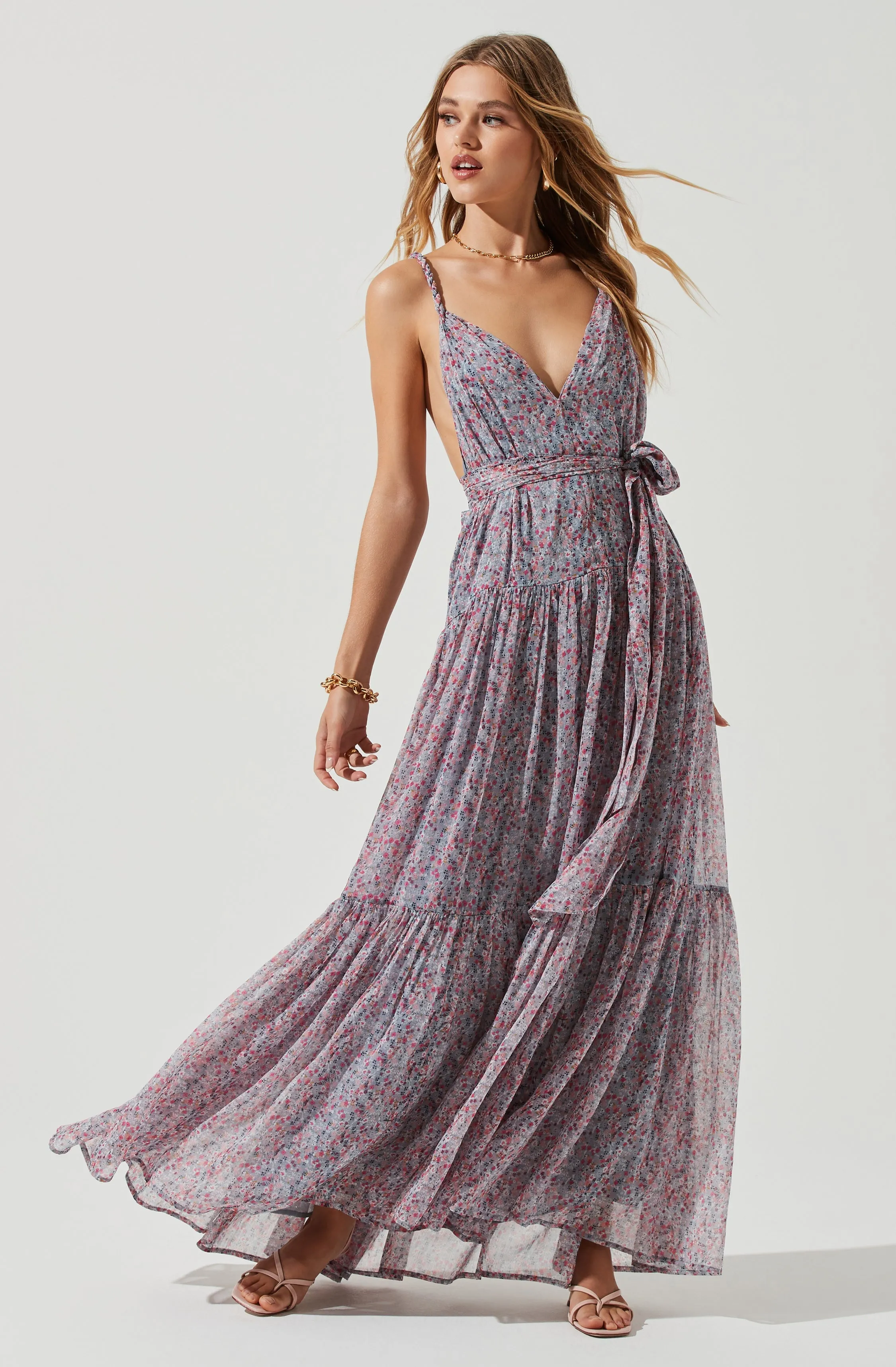 Eartha Floral Plunge Tie Waist Maxi Dress