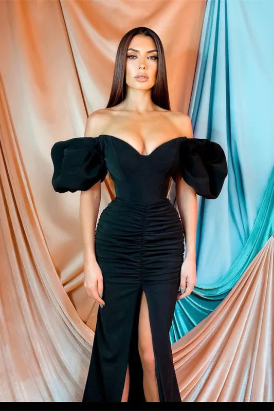 Elegant Black Off-the-Shoulder Mermaid Prom Dress with a Stylish Split