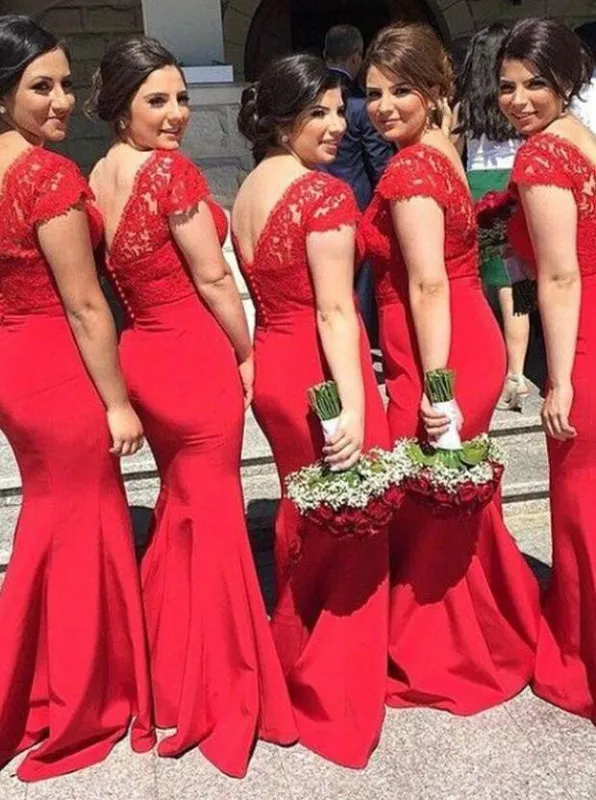 Elegant Mermaid V-Neck Sweep Train Red Bridesmaid Dress