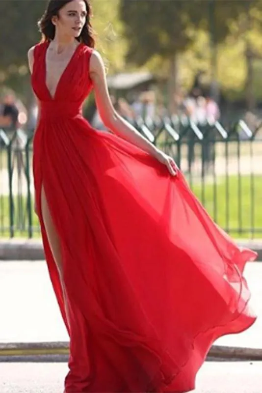 Elegant Red A-Line Chiffon Floor-Length Prom Dress with Split V-Neck and Stylish Design