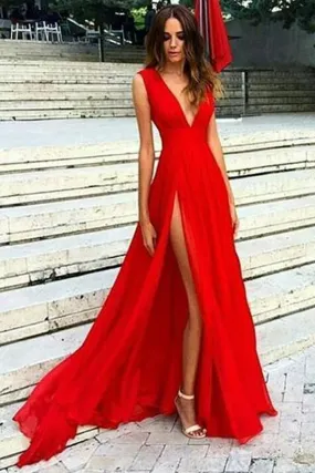 Elegant Red A-Line Chiffon Floor-Length Prom Dress with Split V-Neck and Stylish Design