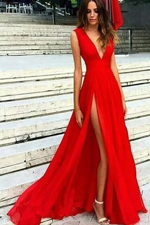 Elegant Red A-Line Chiffon Floor-Length Prom Dress with Split V-Neck and Stylish Design