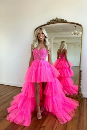 Elegant Sleeveless Rose Prom Dress with Exquisite Tulle Train