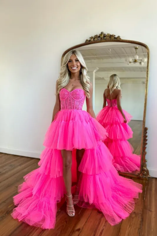 Elegant Sleeveless Rose Prom Dress with Exquisite Tulle Train