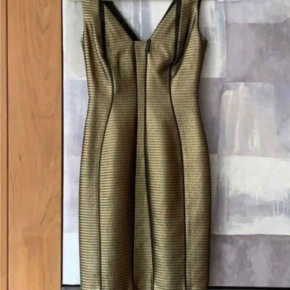 Elie Tahari Elegant Gold Dress with Black Piping - New with Tags