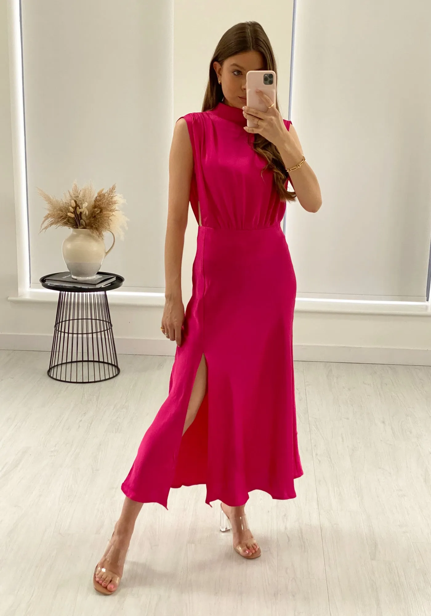 Elle Satin Midi Dress - Fuchsia Pink