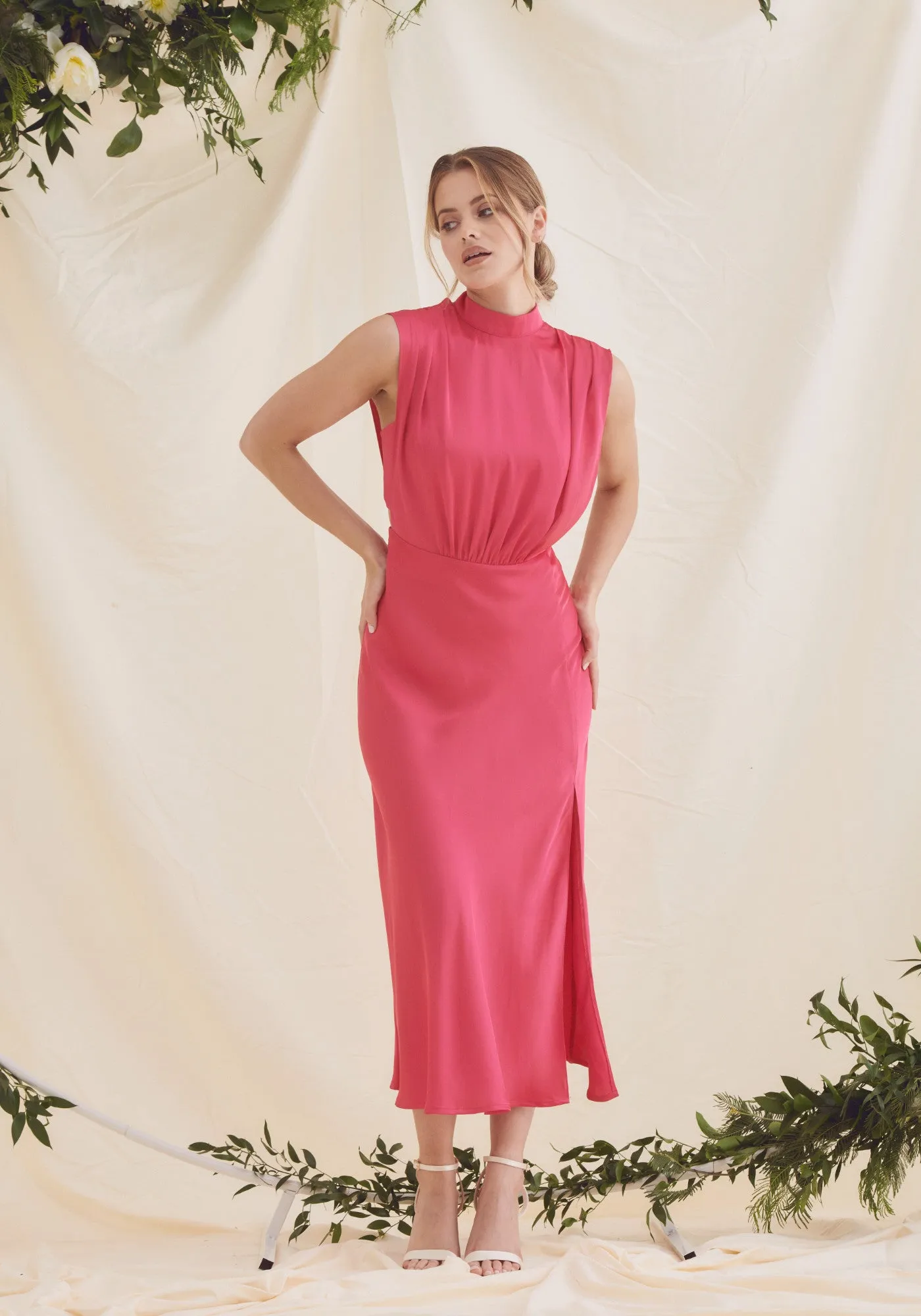 Elle Satin Midi Dress - Fuchsia Pink