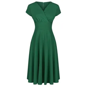 Emerald Green A Line Vintage Crossover Capped Sleeve Tea Swing Dress