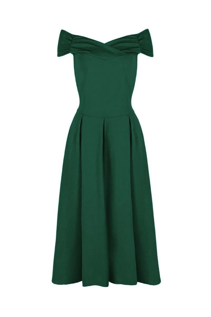 Emerald Green Cap Sleeve Crossover Bardot Neckline 50s Swing Dress