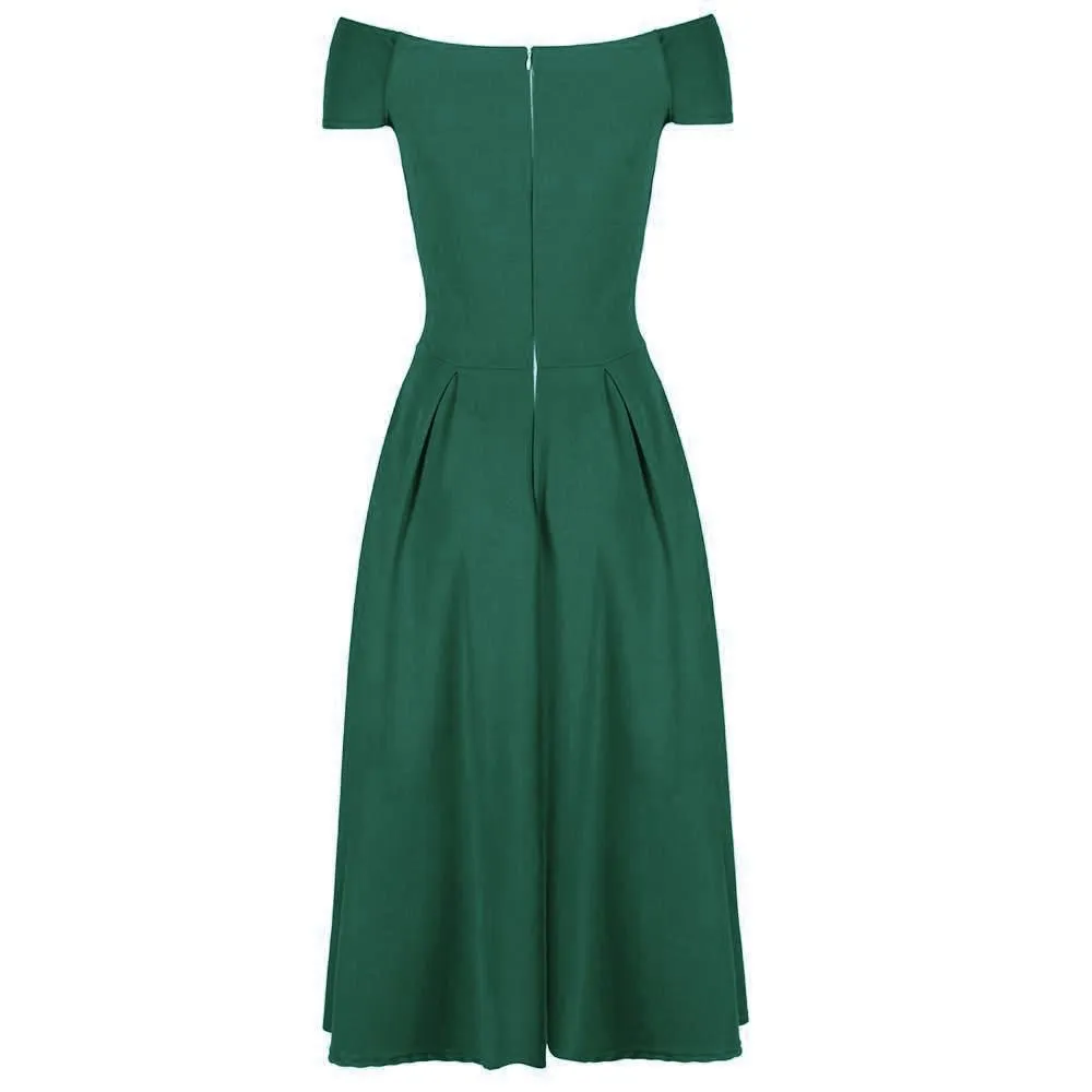 Emerald Green Cap Sleeve Crossover Bardot Neckline 50s Swing Dress