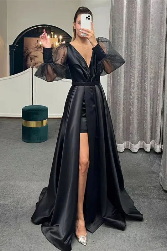 Evening Dress - Long Puff Sleeves A-Line Cut Slit