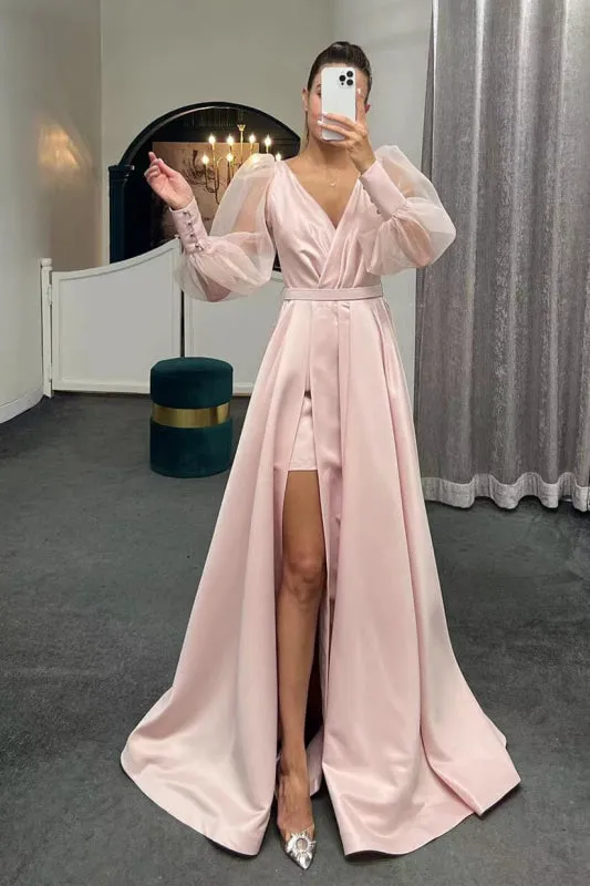 Evening Dress - Long Puff Sleeves A-Line Cut Slit