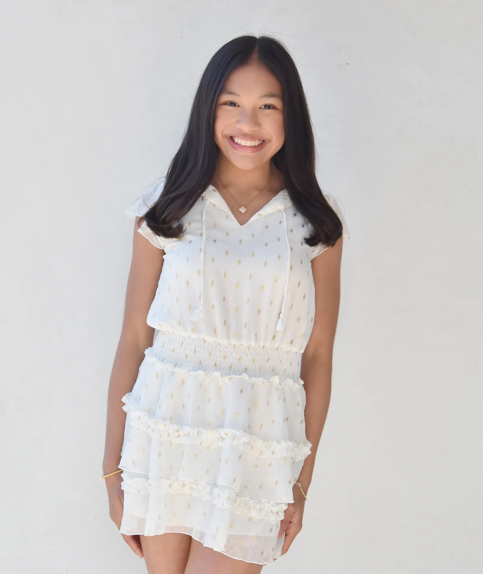 FBZ Girls White With Gold Dots Ruffle Sleeve Tassel Dress