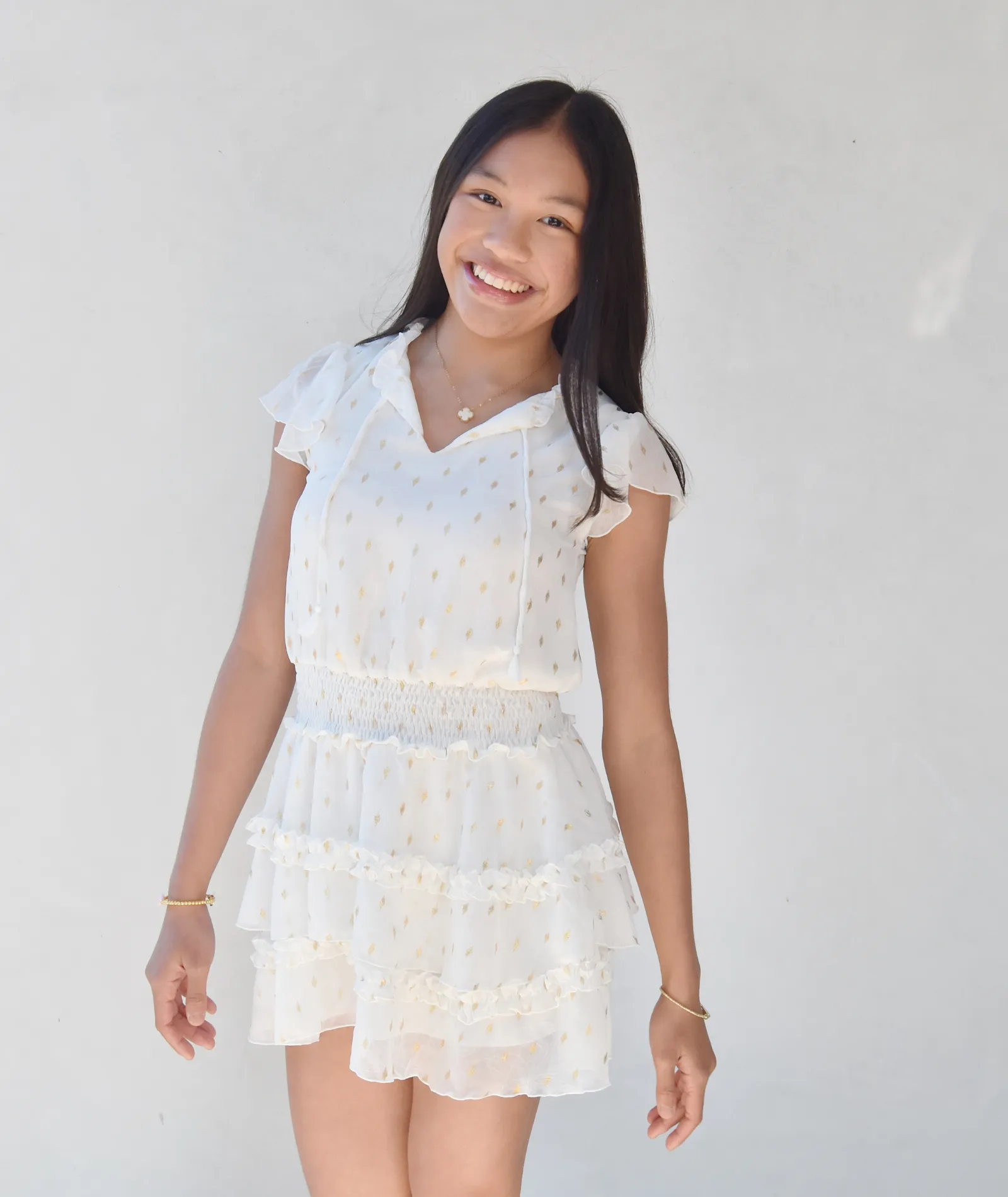 FBZ Girls White With Gold Dots Ruffle Sleeve Tassel Dress