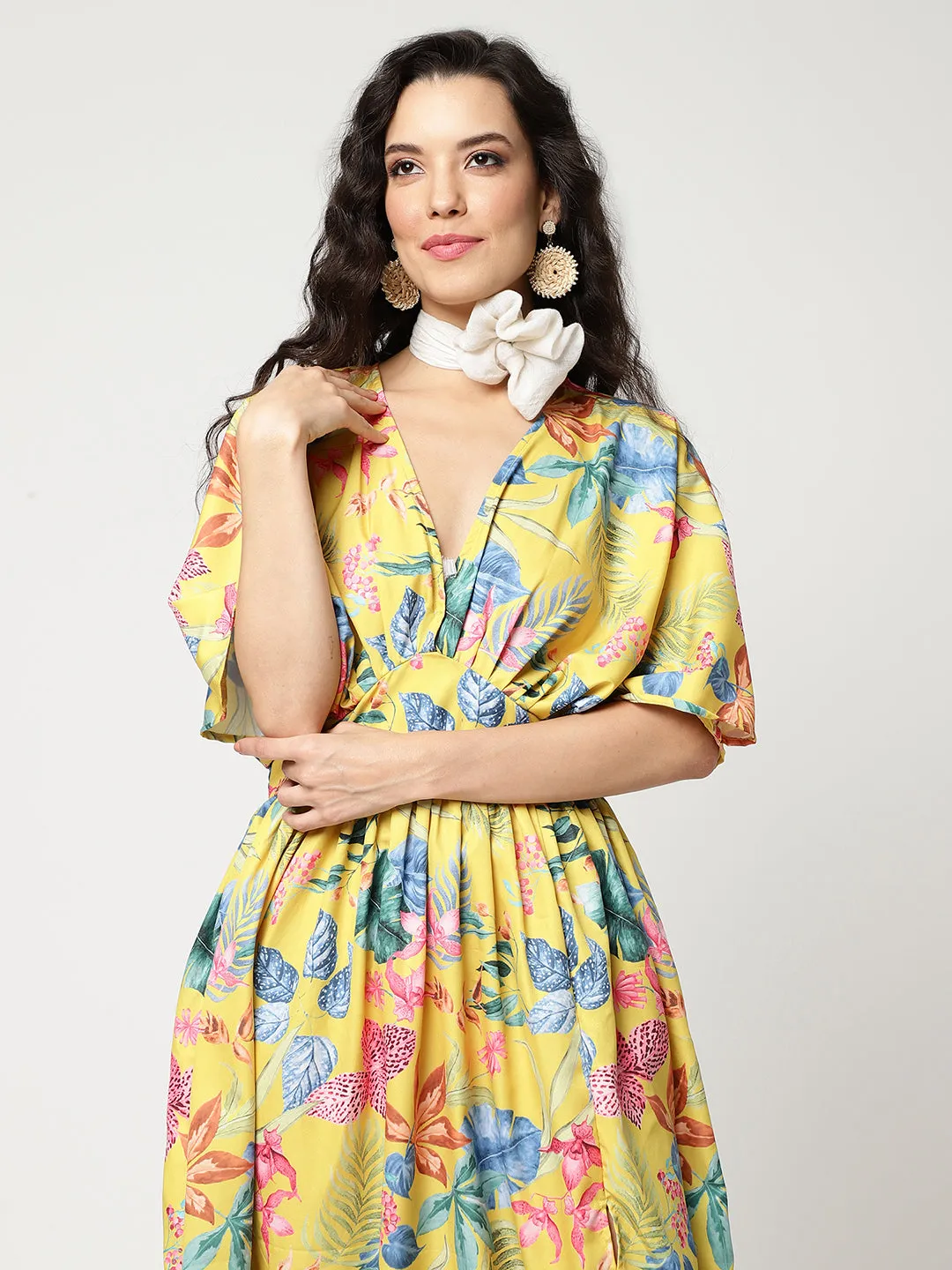 Floral Digital Printed V-Neck Kimono Sleeve Style Dress