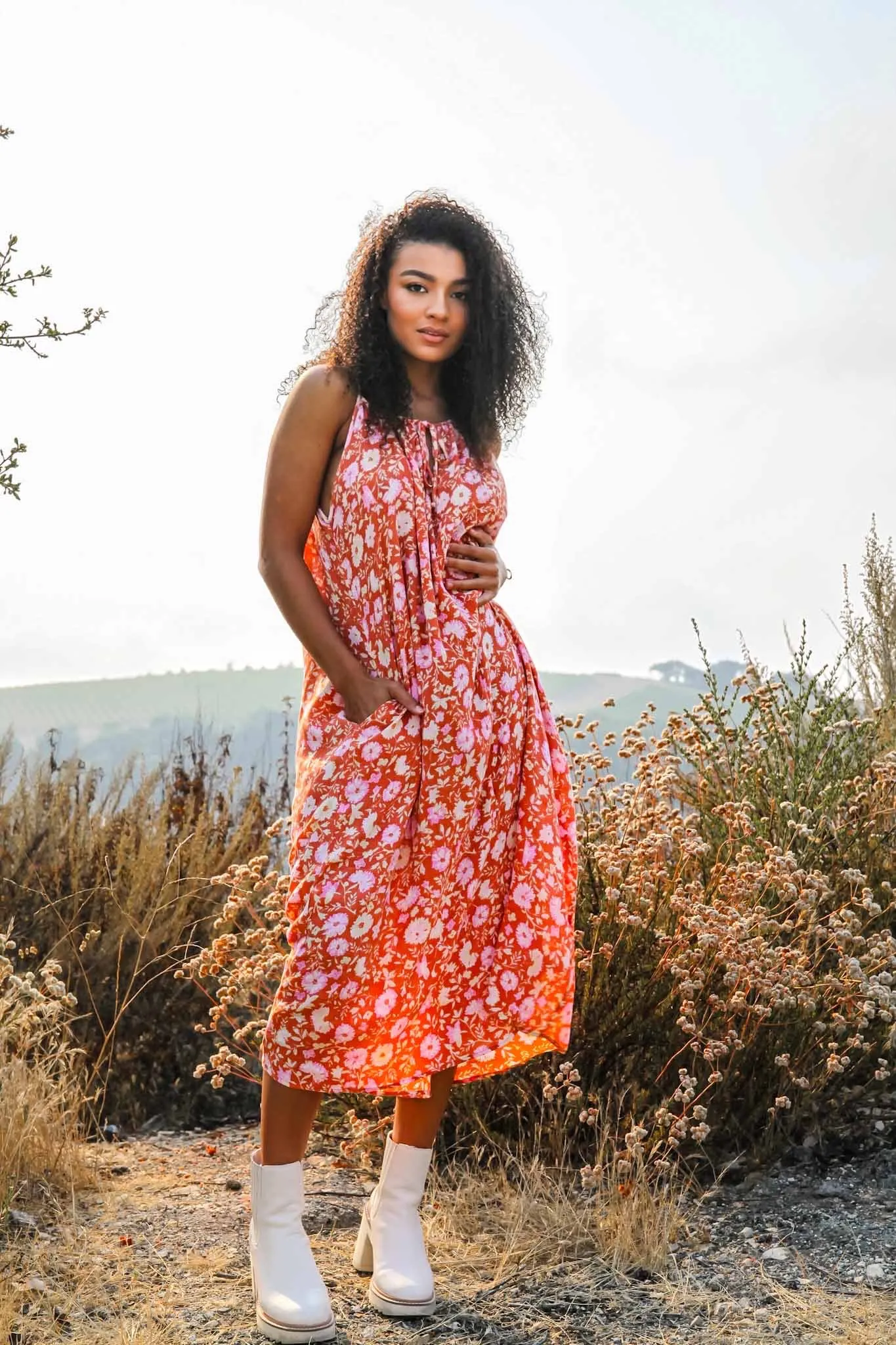 Floral Fantasia Midi Dress With Pockets - Orange/Pink