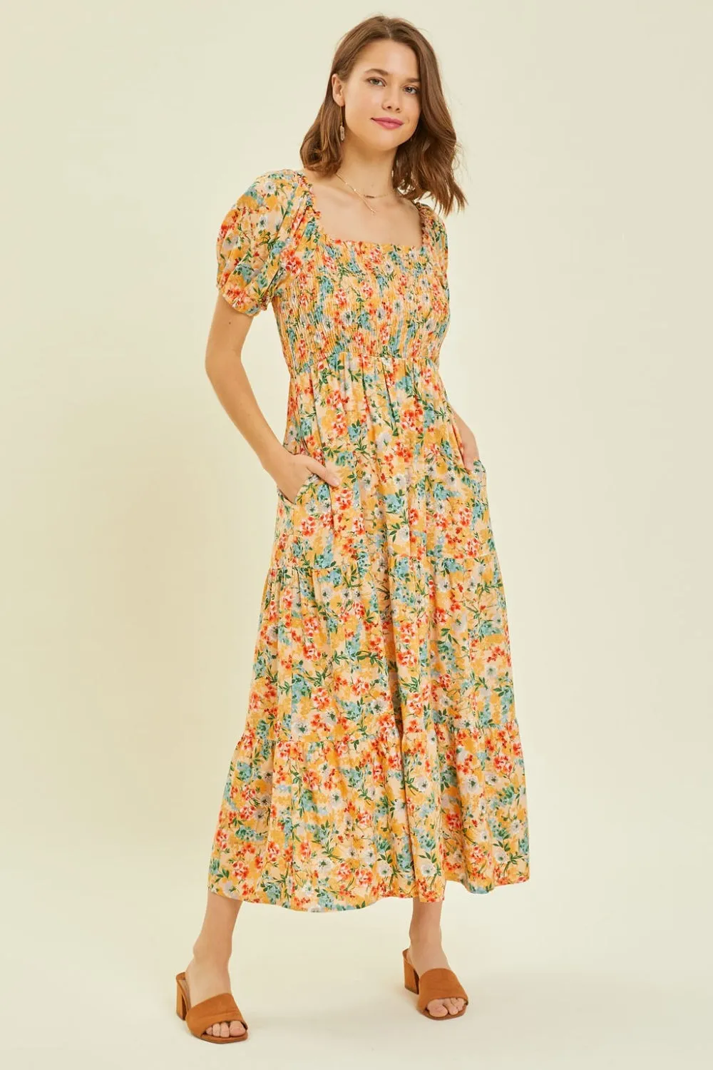 Floral Print Full Size Floral Smocked Tiered Midi Dress