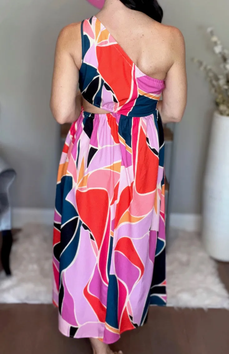 Fuchsia One Shoulder Printed Long Dress