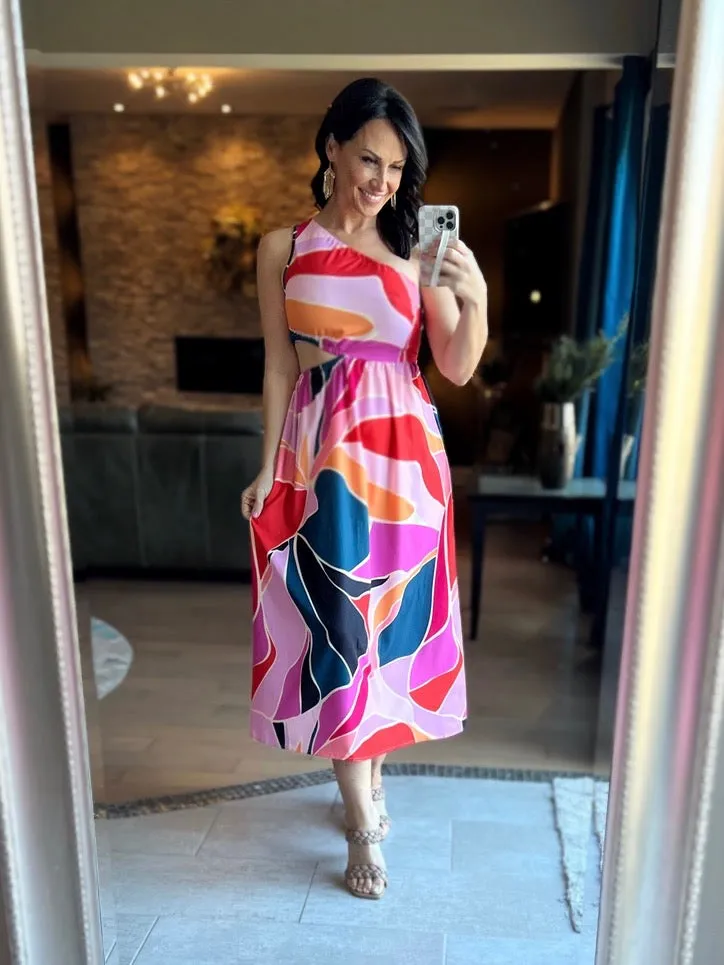 Fuchsia One Shoulder Printed Long Dress