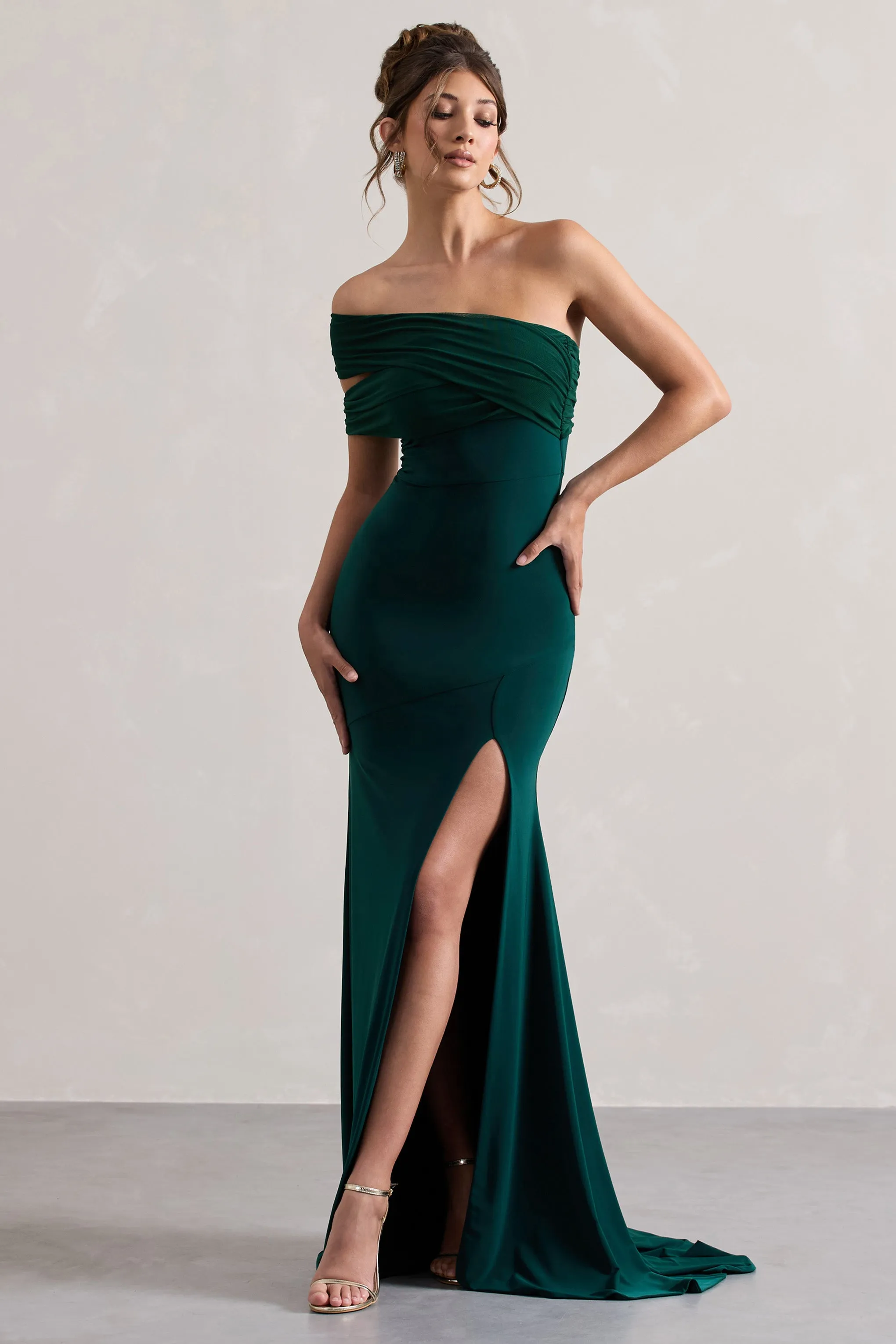 Fused | Elegant Bottle Green Asymmetric Bardot Split Maxi Dress for Women