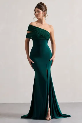 Fused | Elegant Bottle Green Asymmetric Bardot Split Maxi Dress for Women