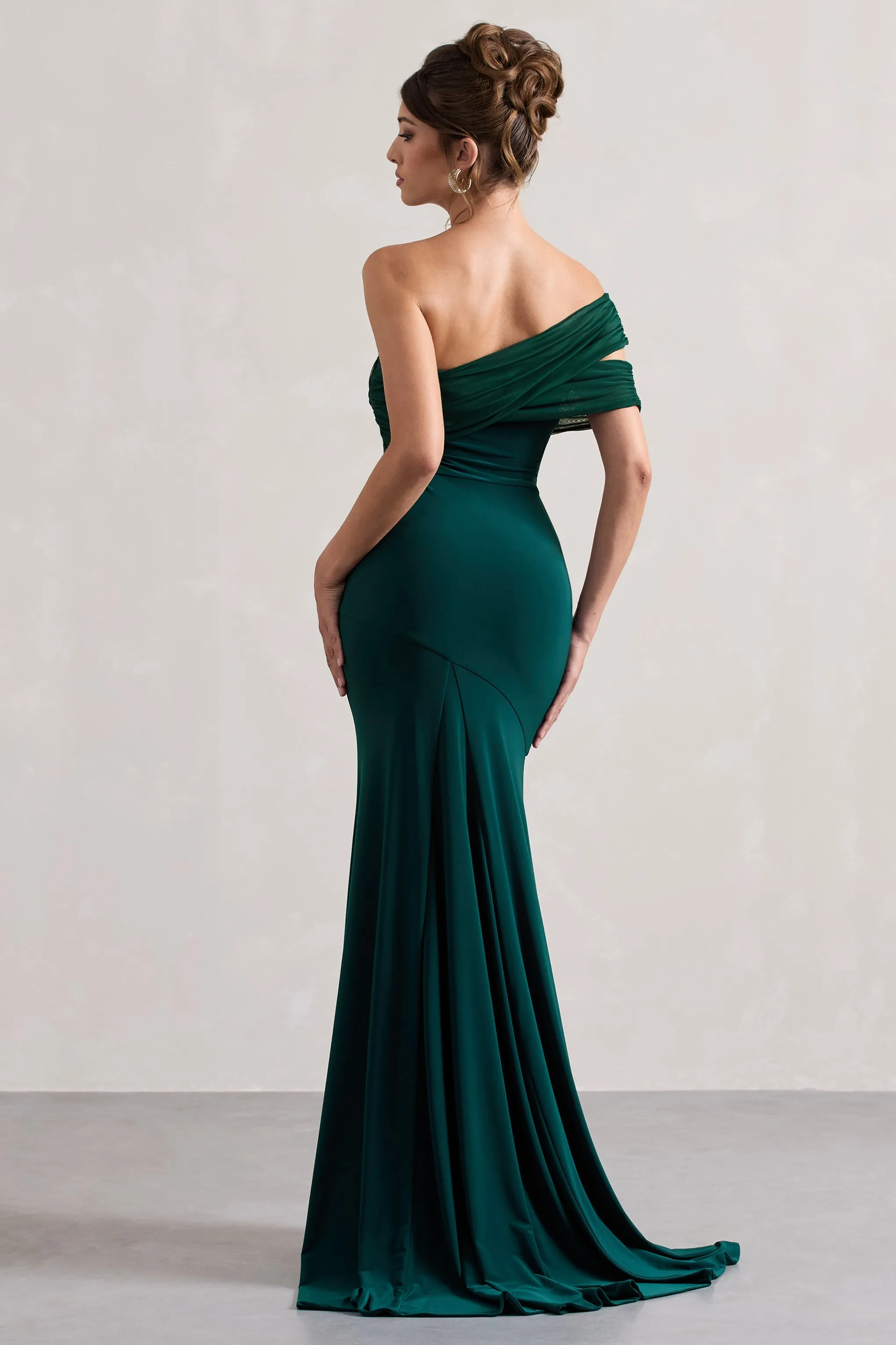 Fused | Elegant Bottle Green Asymmetric Bardot Split Maxi Dress for Women