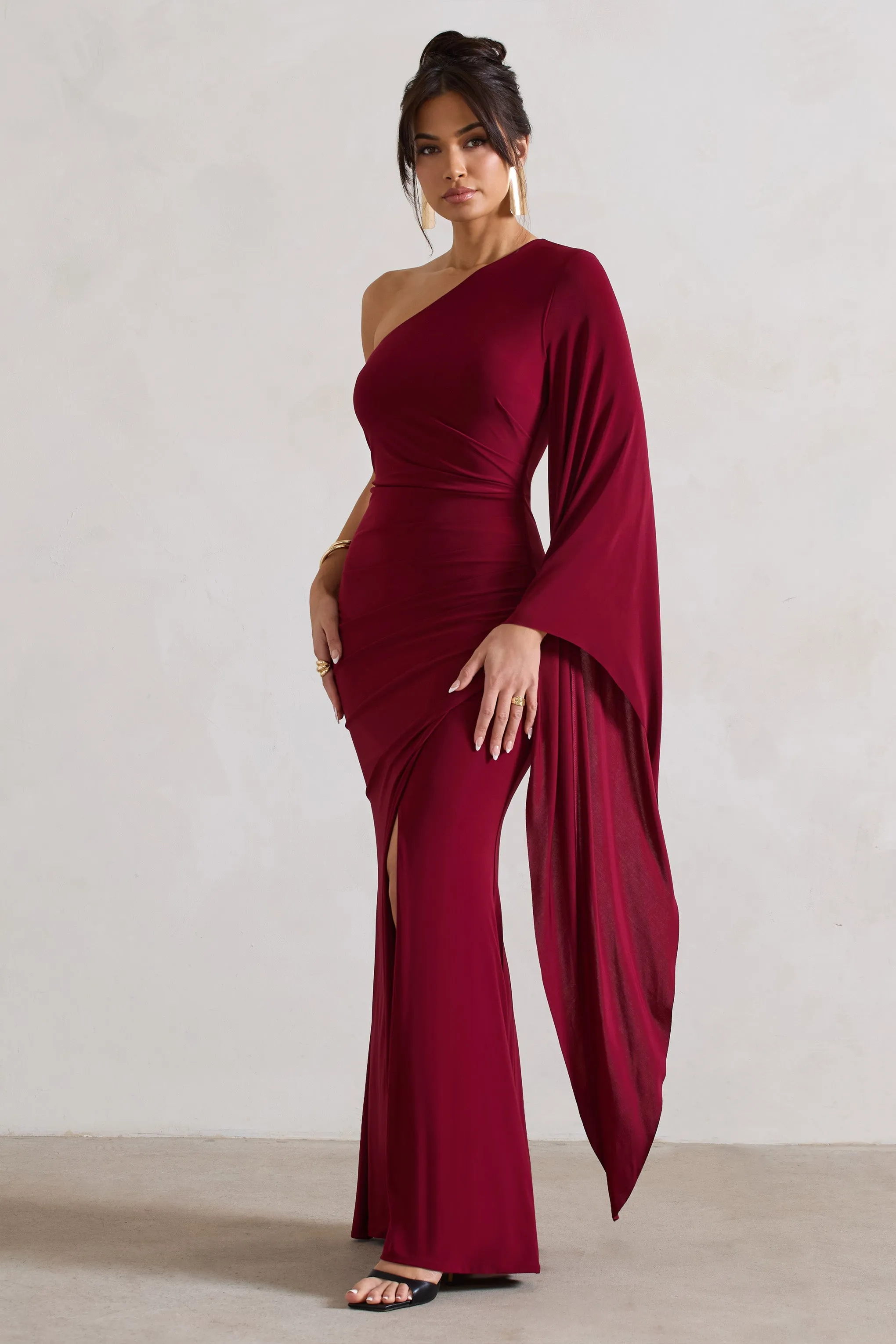 Giada | Berry Ruched One Shoulder Cape Sleeve Maxi Dress