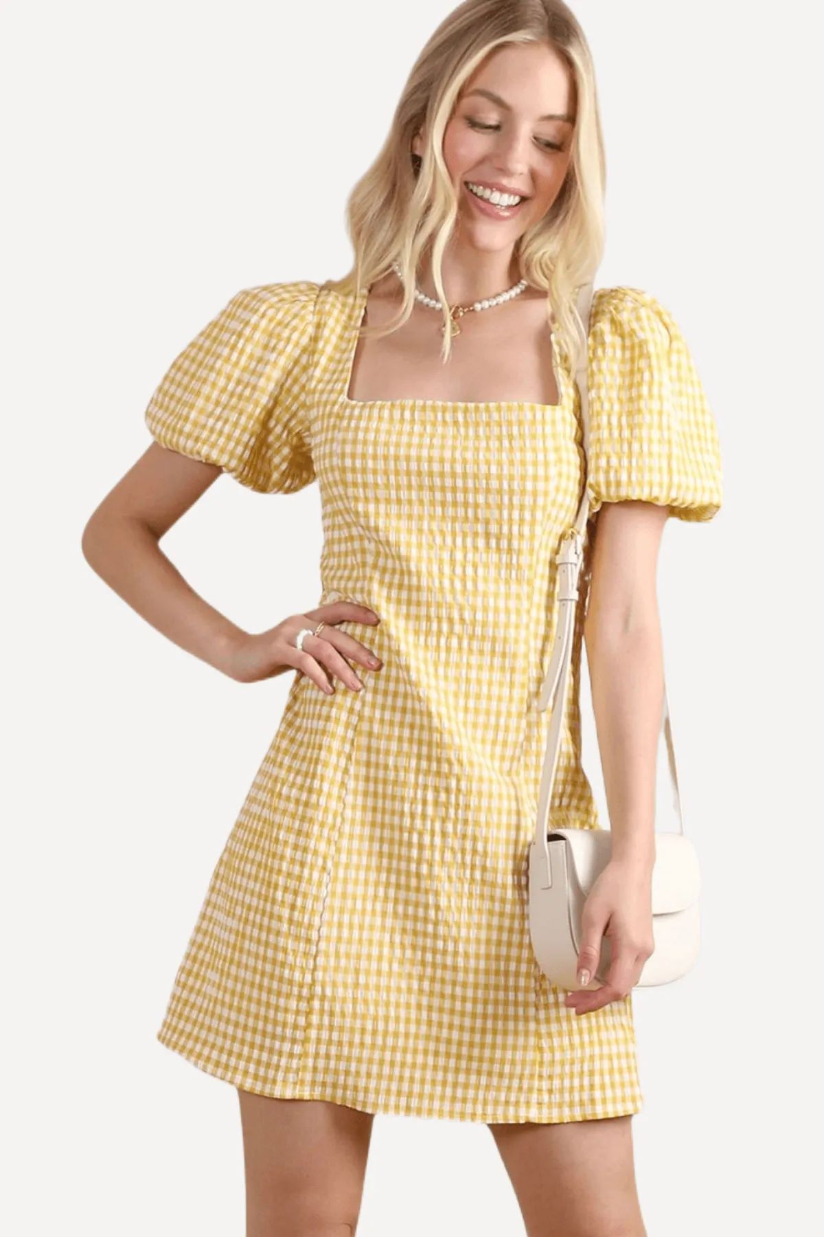 Gingham Puff Sleeves Mini Dress in Yellow