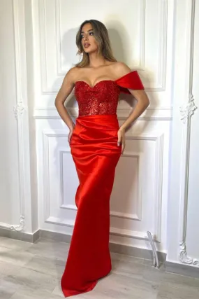 Glamorous Red Mermaid Prom Dress Jewel Pleated