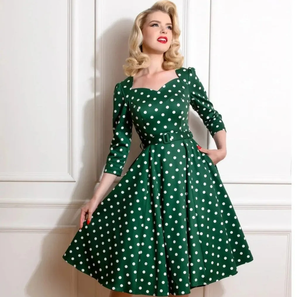 Green And White Polka Dot Vintage 50s 3/4 Sleeve Swing Dress  by