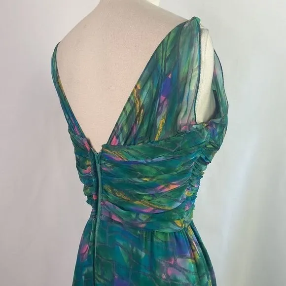 GreenPrintPleated Bodice Vintage Dress