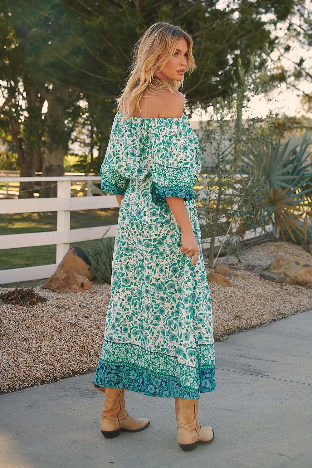 Henley Linen Maxi Dress - Emerald/White