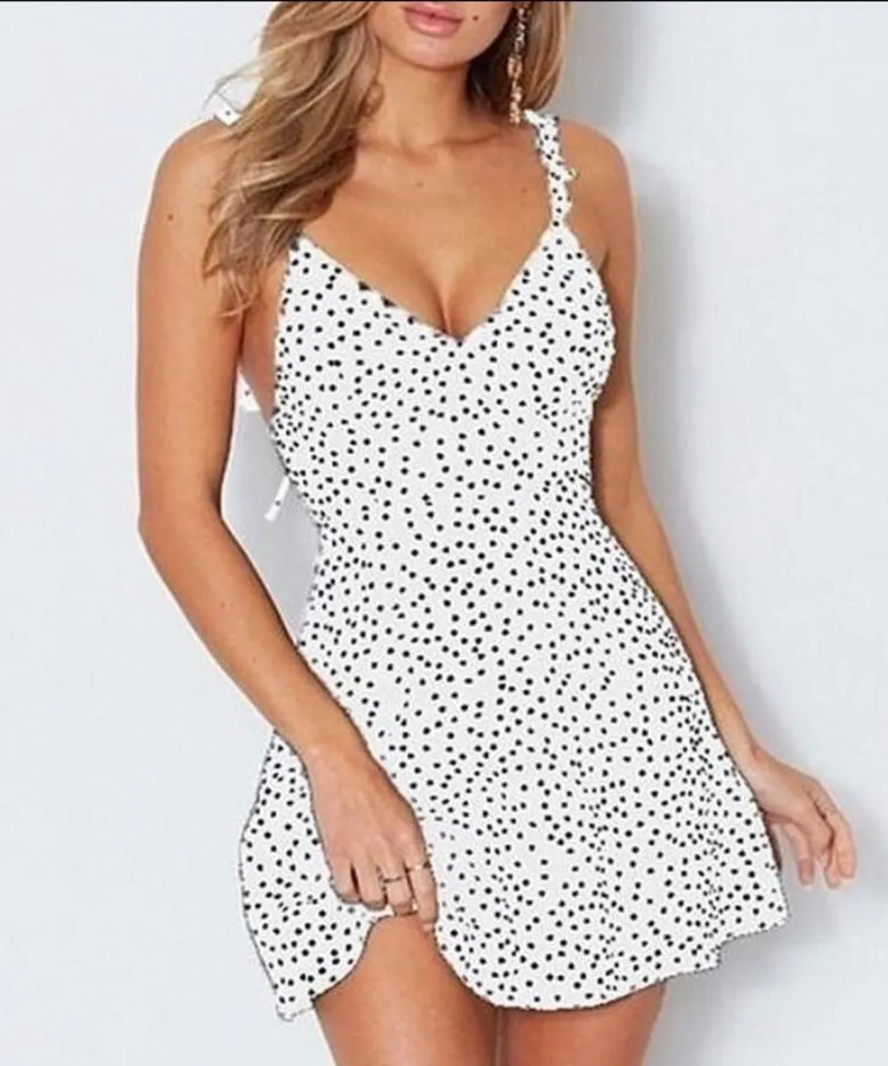 High Waist Dot Back Lacing Straps Mini Backless Dress