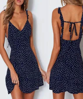 High Waist Dot Back Lacing Straps Mini Backless Dress