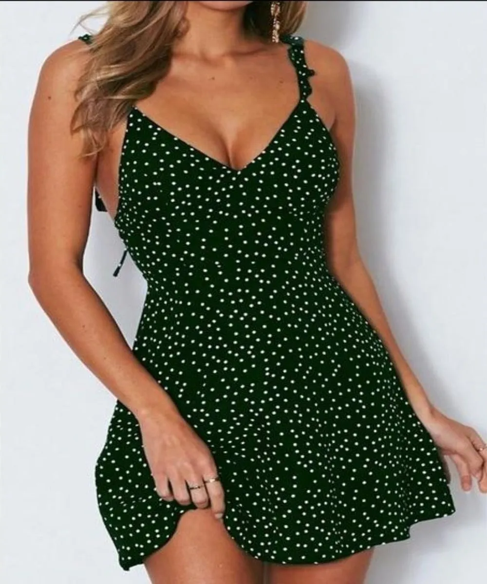 High Waist Dot Back Lacing Straps Mini Backless Dress