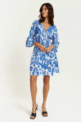 Hoxton Gal Oversized V Neck Detailed Floral Print Mini Dress